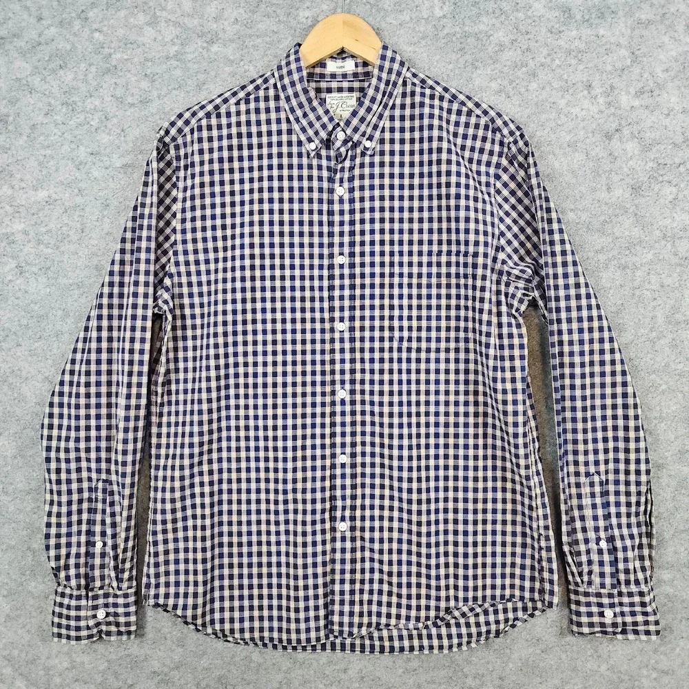 J Crew Secret Wash Shirting Size‎ L Slim Fit Blue & Beige Checks Organic Cotton